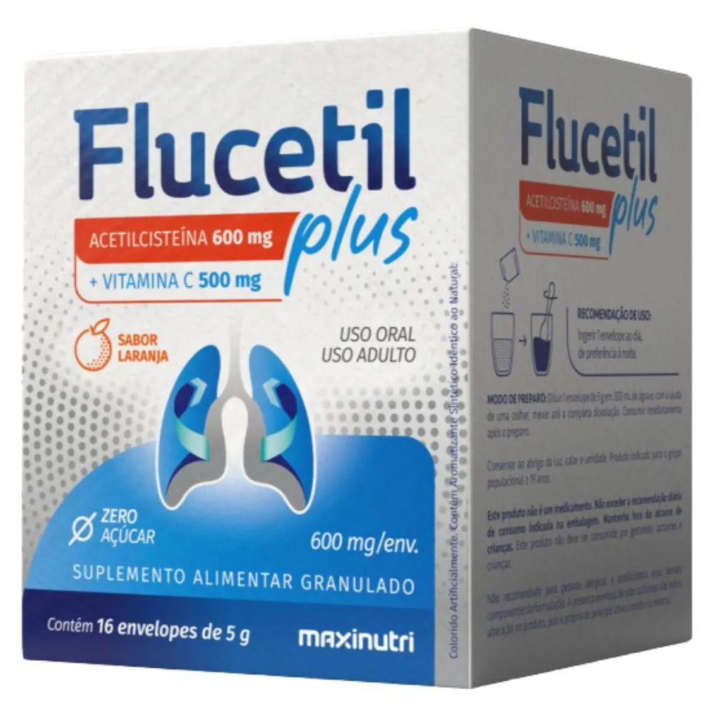 FLUCETIL PLUS (ACETILCISTEíNA + VITAMINA C) 16 SACHêS - MAXINUTRI Laranja