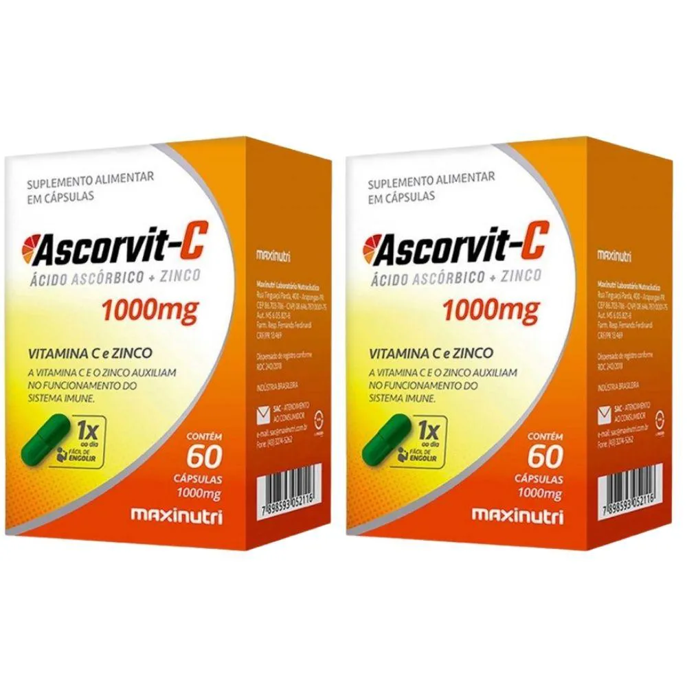 KIT 2X ASCORVIT-C 1000MG (VITAMINA C + ZINCO) 60 CáPSULAS - MAXINUTRI