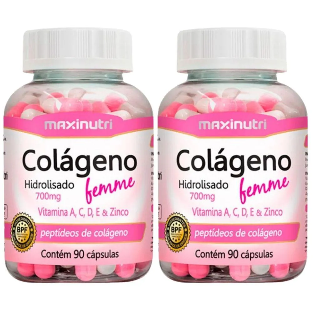 KIT 2X COLáGENO HIDROLISADO FEMME + VITAMINAS A, C, D, E E ZINCO 90 CáPSULAS - MAXINUTRI