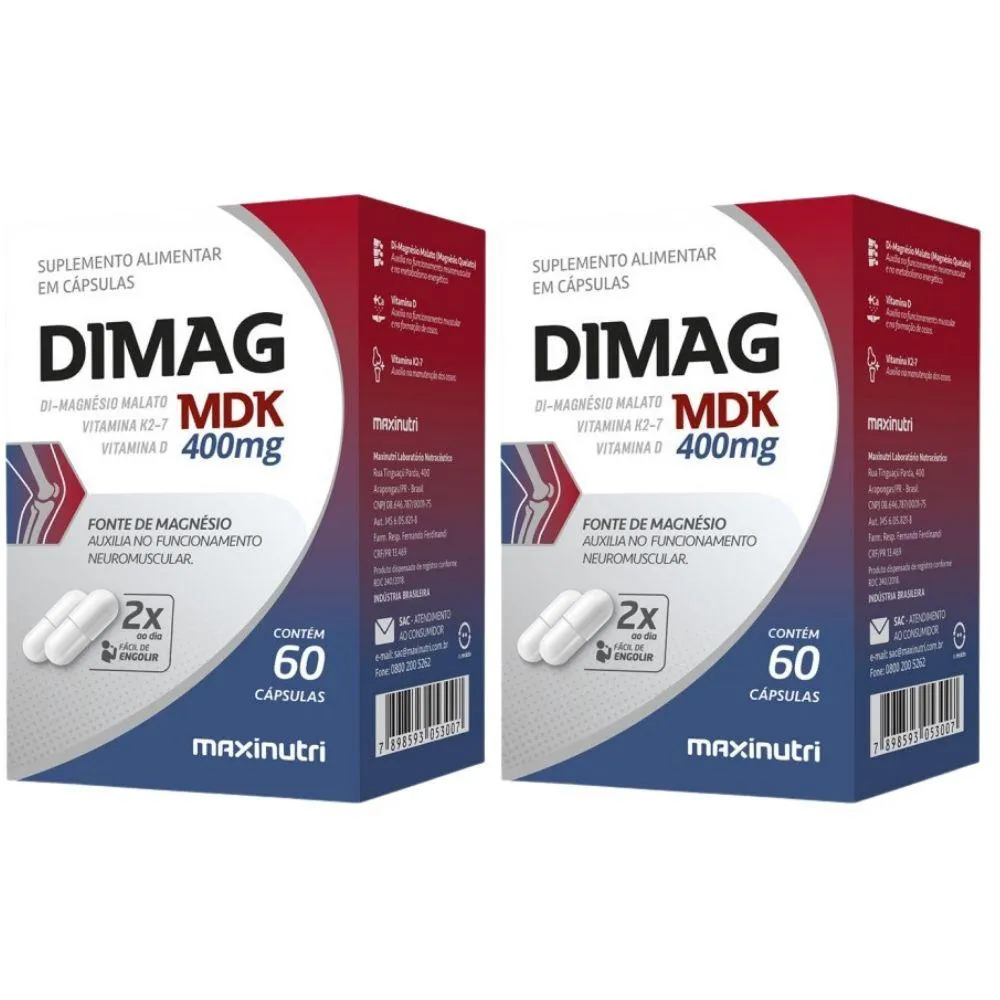KIT 2X DIMAG MDK ( MAGNéSIO DIMALATO + VITAMINAS D3 E K2) 60 CáPSULAS - MAXINUTRI