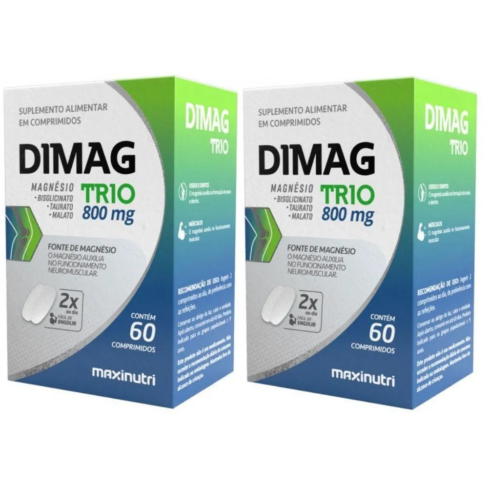 KIT 2X DIMAG TRIO (MAGNéSIO DIMALATO, QUELATO E TAURATO) 60 COMPRIMIDOS - MAXINUTRI