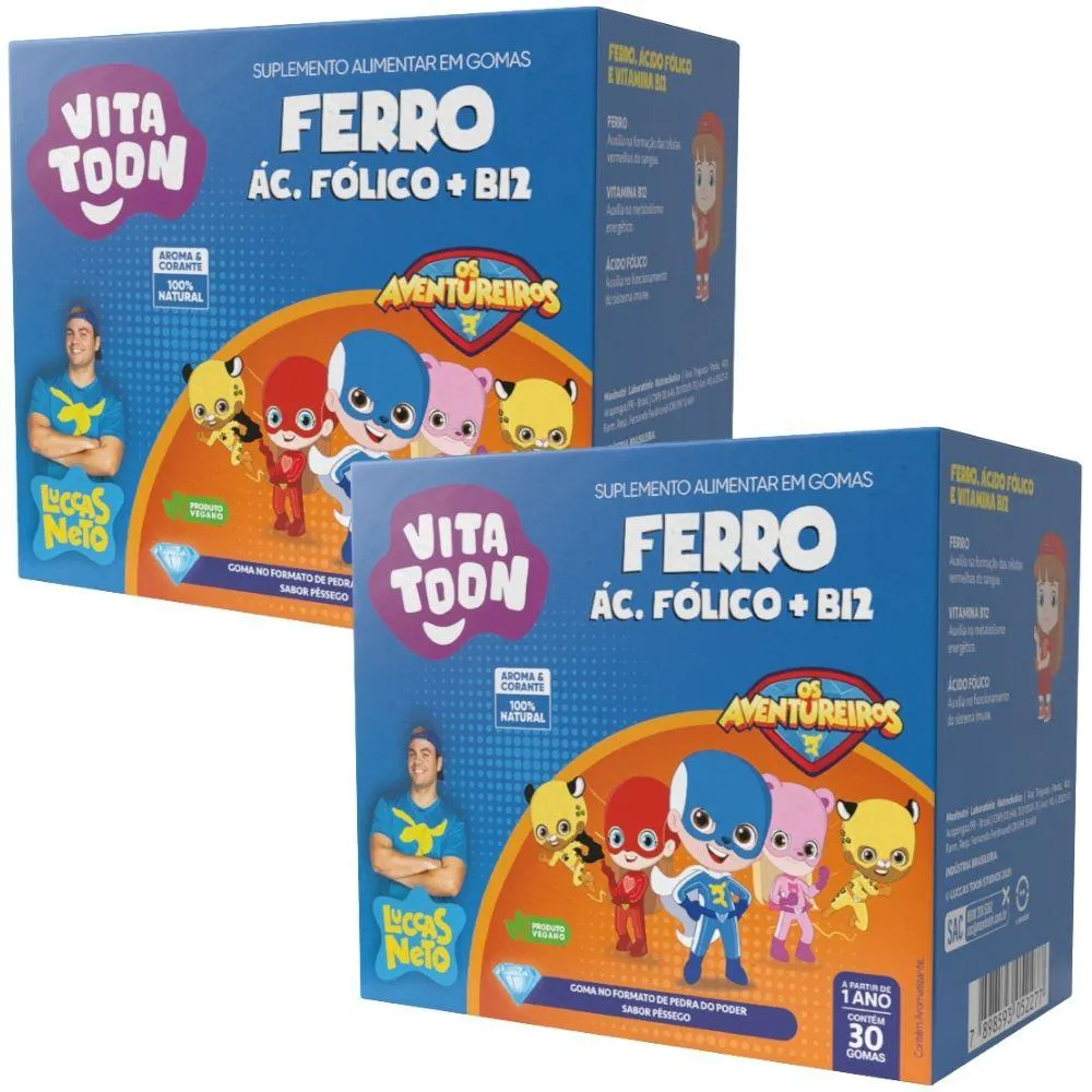 KIT 2X FERRO + ÁCIDO FóLICO + VITAMINA B12 KIDS VITATTON LUCCAS NETO 30 GOMAS - MAXINUTRI Pêssego
