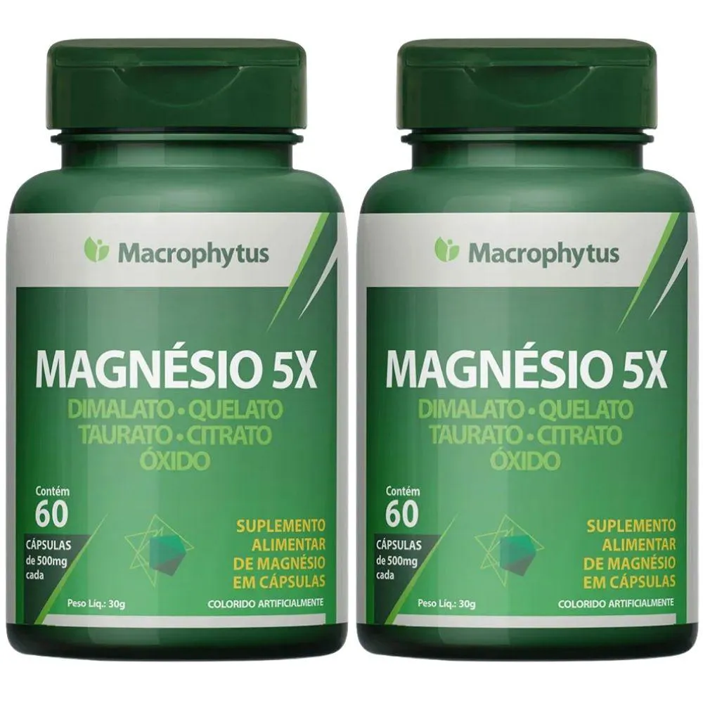 KIT 2X MAGNéSIO 5X ( DIMALATO, QUELATO, TAURATO, CITRATO E ÓXIDO) 60 CáPS - MACROPHYTUS