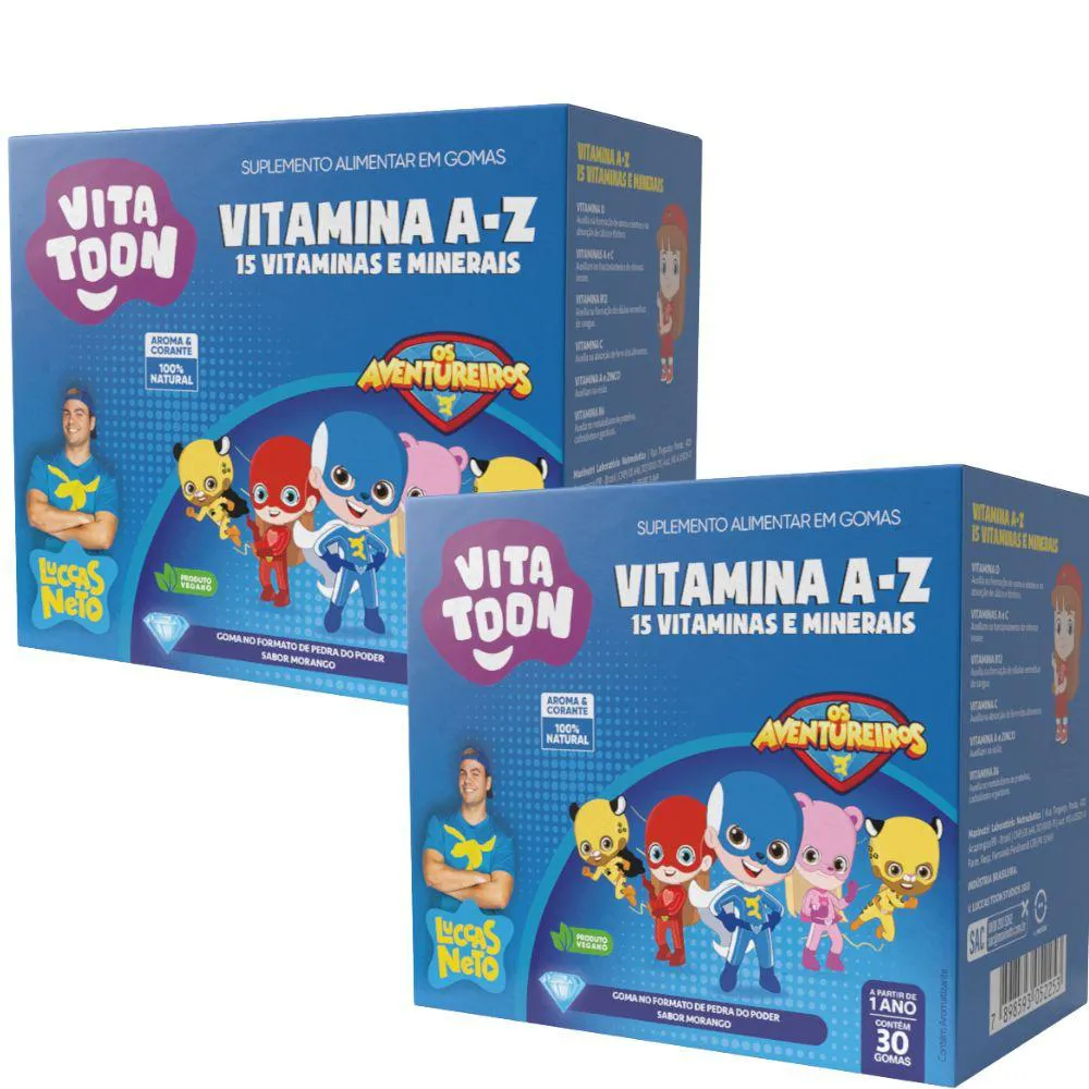 KIT 2X POLIVITAMíNICO A-Z KIDS VITATTON LUCCAS NETO 30 GOMAS - MAXINUTRI Morango