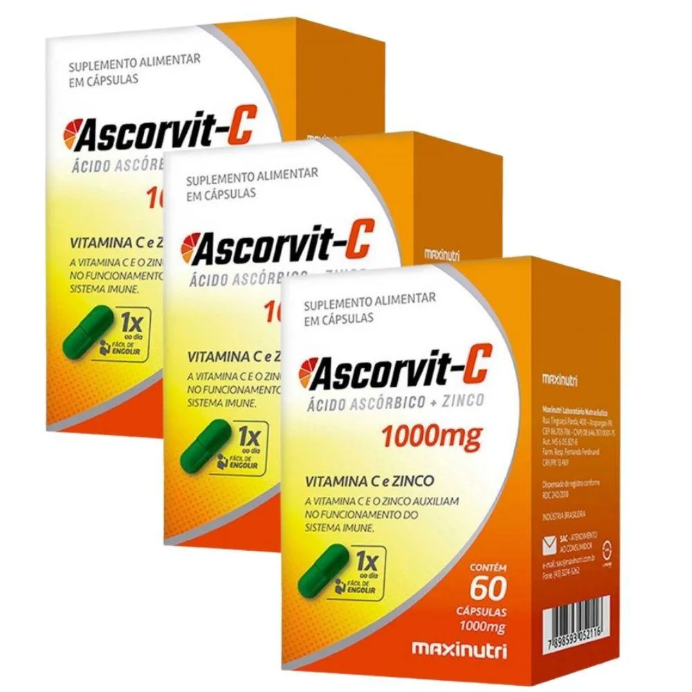 KIT 3X ASCORVIT-C 1000MG (VITAMINA C + ZINCO) 60 CáPSULAS - MAXINUTRI