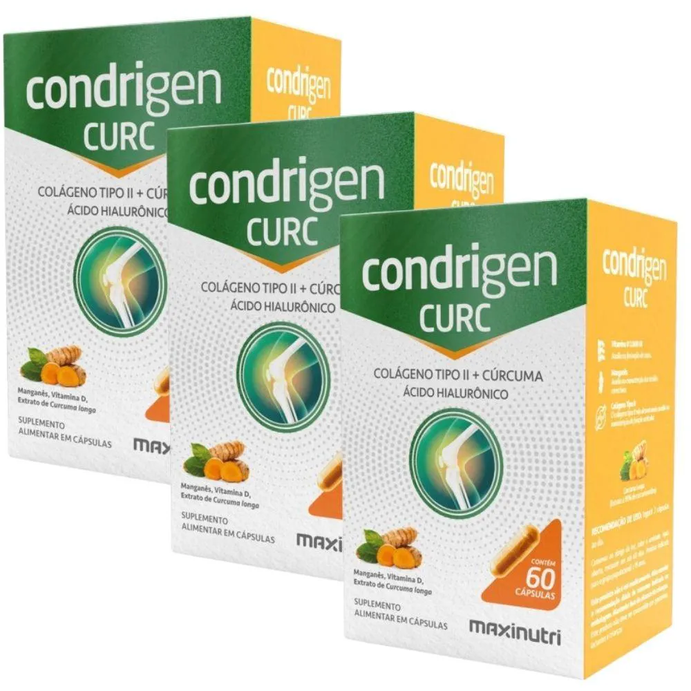 KIT 3X CONDRIGEN CURC ( COLáGENO TIPO 2 + CURCUMA + ÁCIDO HIALURôNICO) 60 CáPSULAS - MAXINUTRI