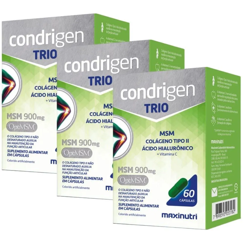 KIT 3X CONDRIGEN TRIO (MSM + COLáGENO TIPO 2 + ÁCIDO HIALURôNICO E VITAMINA C) 60 CáPSULAS - MAXINUTRI