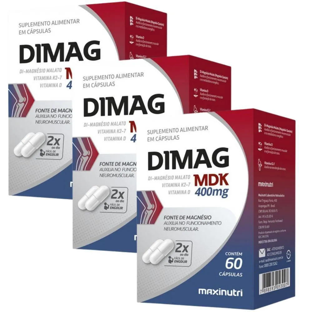 KIT 3X DIMAG MDK ( MAGNéSIO DIMALATO + VITAMINAS D3 E K2) 60 CáPSULAS - MAXINUTRI