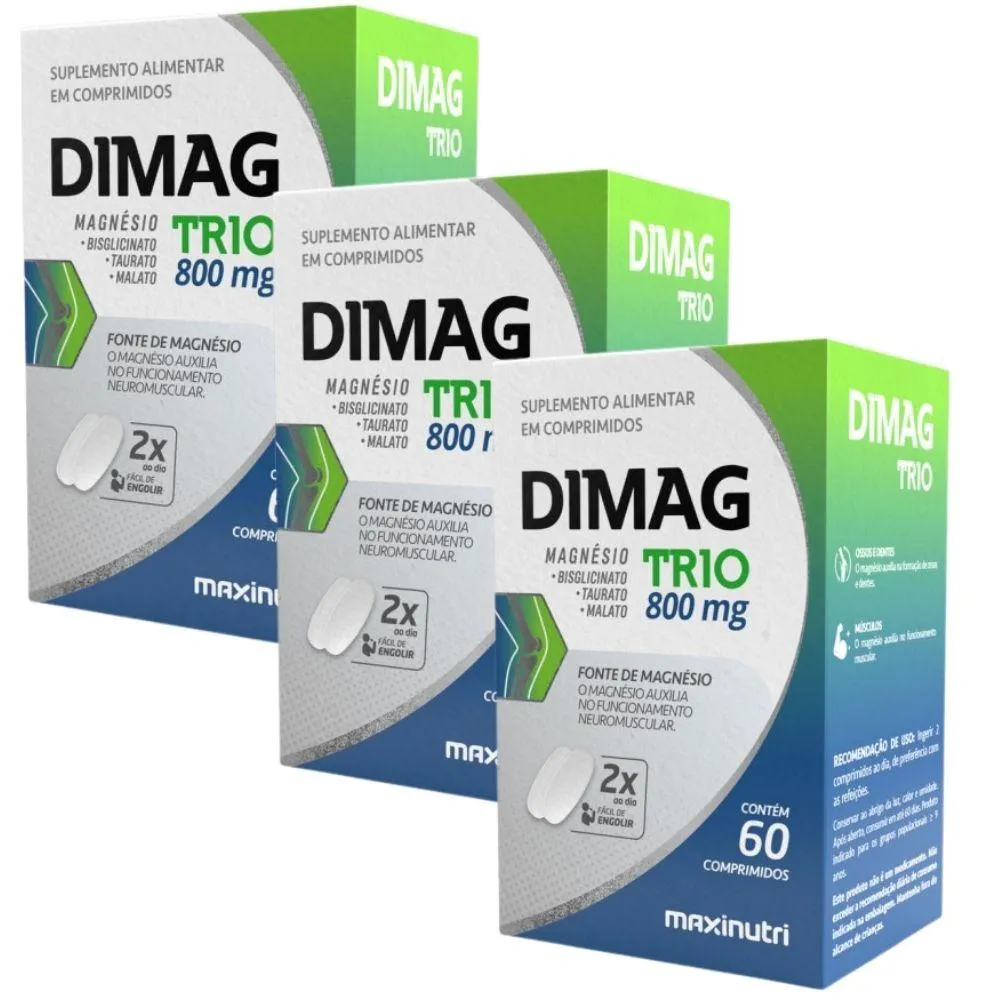 KIT 3X DIMAG TRIO (MAGNéSIO DIMALATO, QUELATO E TAURATO) 60 COMPRIMIDOS - MAXINUTRI