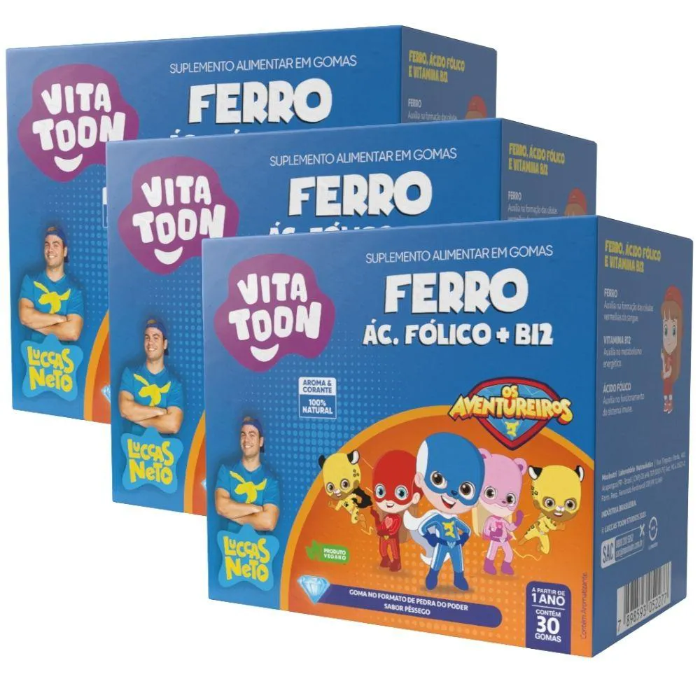KIT 3X FERRO + ÁCIDO FóLICO + VITAMINA B12 KIDS VITATTON LUCCAS NETO 30 GOMAS - MAXINUTRI Pêssego