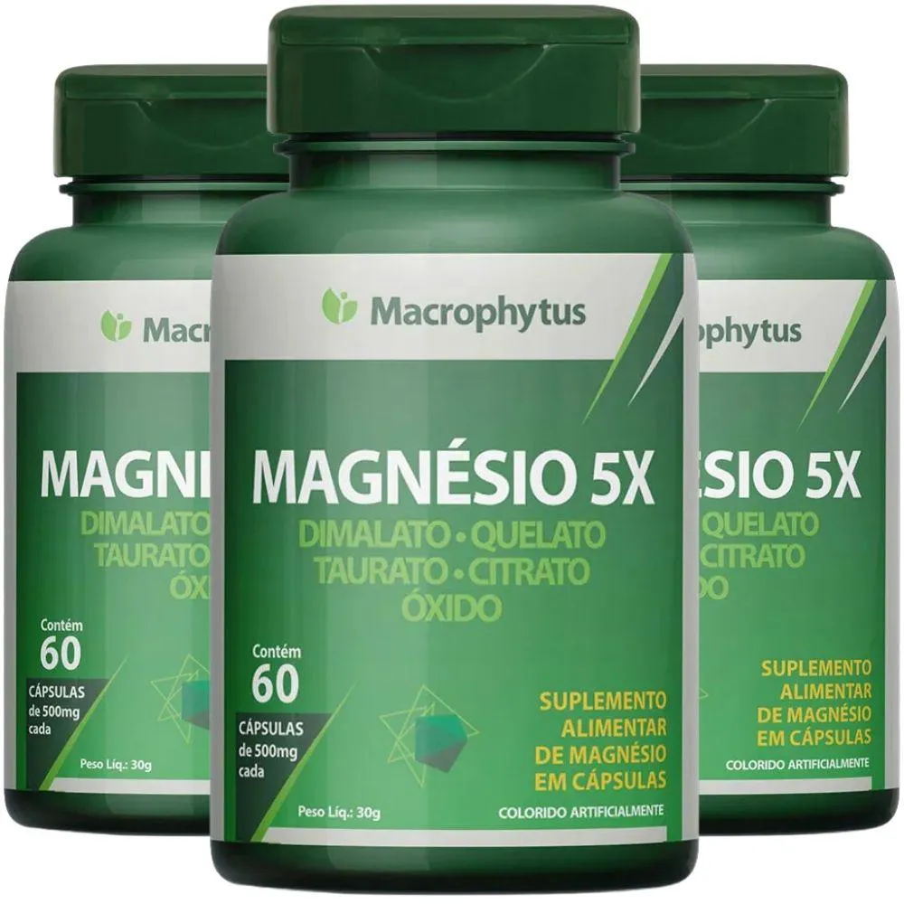 KIT 3X MAGNéSIO 5X ( DIMALATO, QUELATO, TAURATO, CITRATO E ÓXIDO) 60 CáPS - MACROPHYTUS