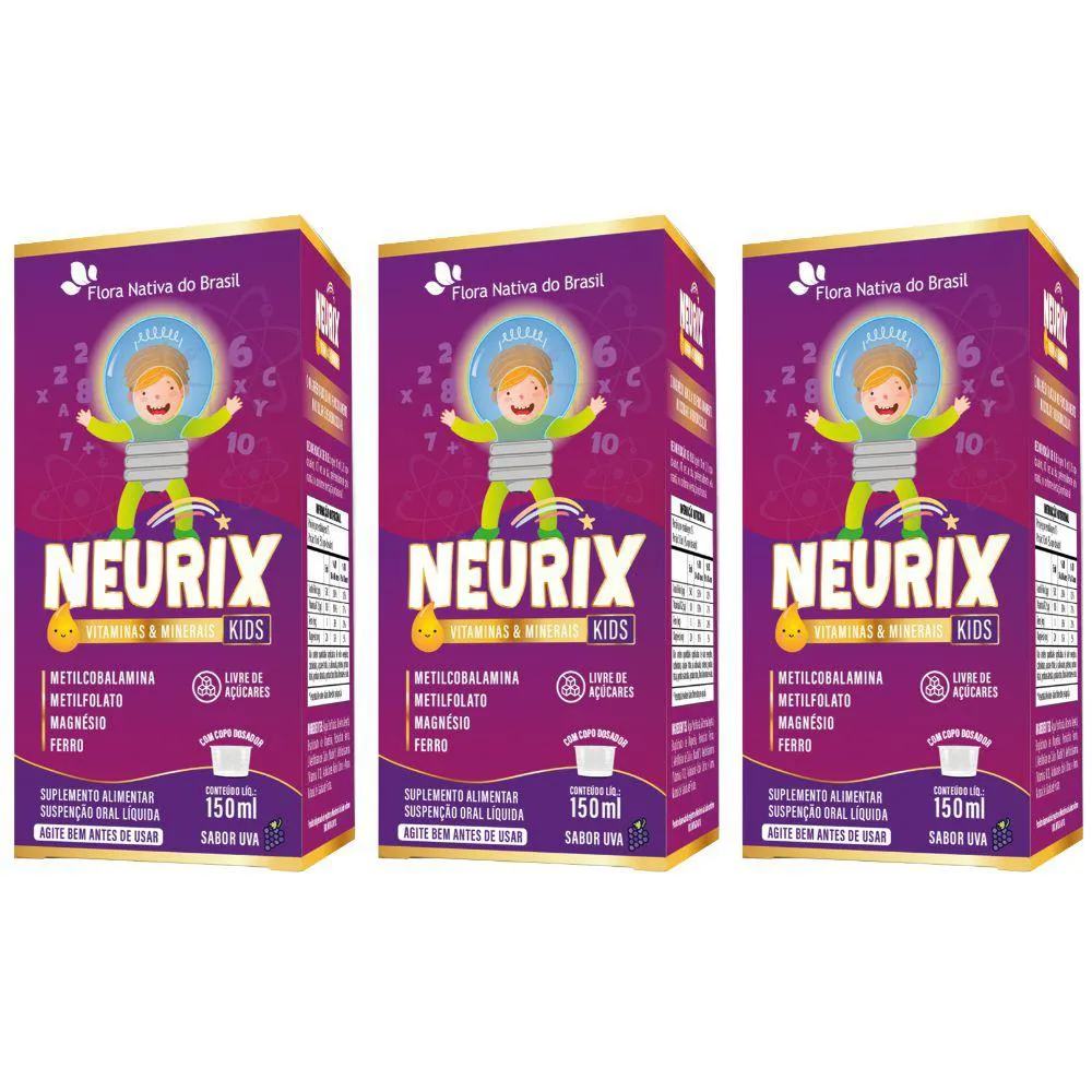 KIT 3X NEURIX (MG, FE, METILFOLATO E B12) 150ML - FLORA NATIVA UVA