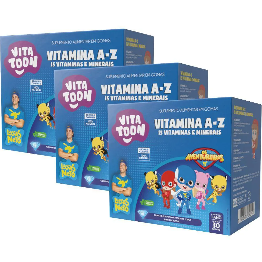 KIT 3X POLIVITAMíNICO A-Z KIDS VITATTON LUCCAS NETO 30 GOMAS - MAXINUTRI Morango
