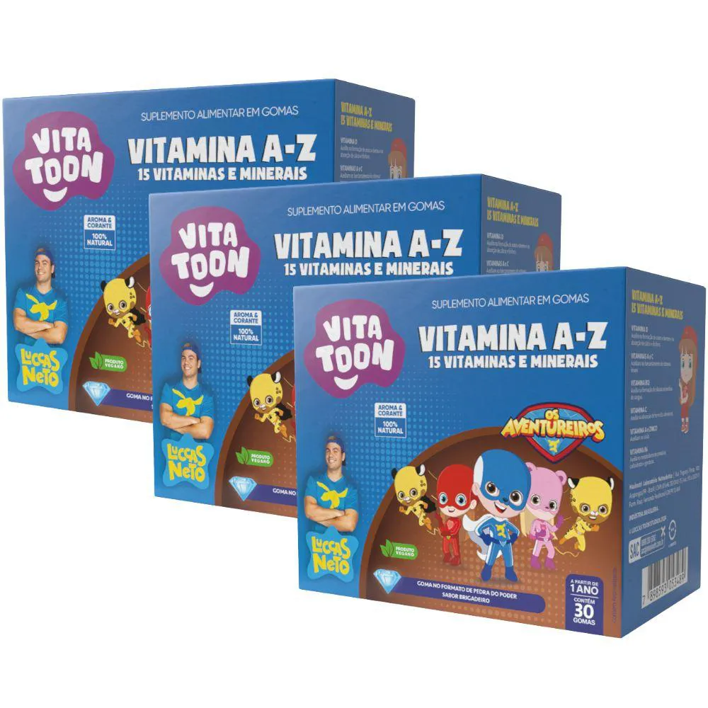 KIT 3X POLIVITAMíNICO A-Z KIDS VITATTON LUCCAS NETO 30 GOMAS - MAXINUTRI Brigadeiro