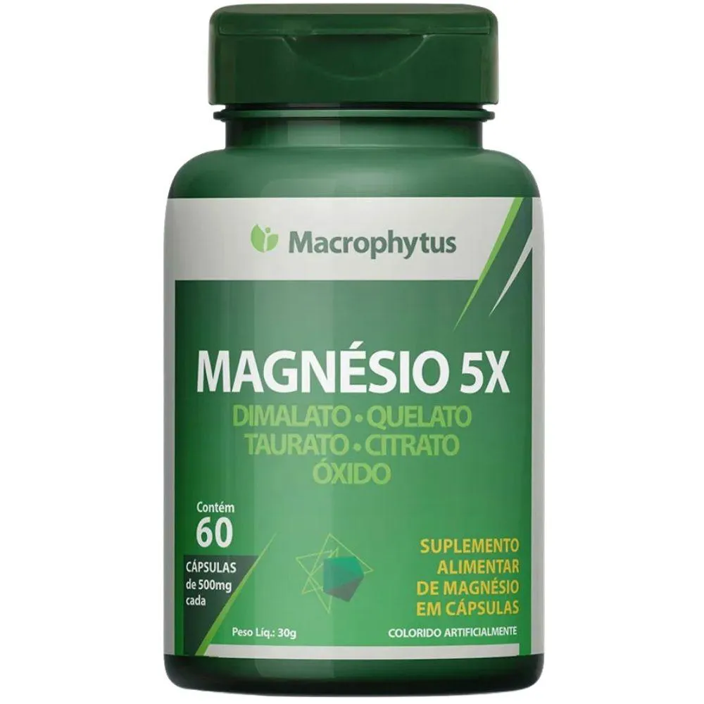 MAGNéSIO 5X ( DIMALATO, QUELATO, TAURATO, CITRATO E ÓXIDO) 60 CáPSULAS - MACROPHYTUS