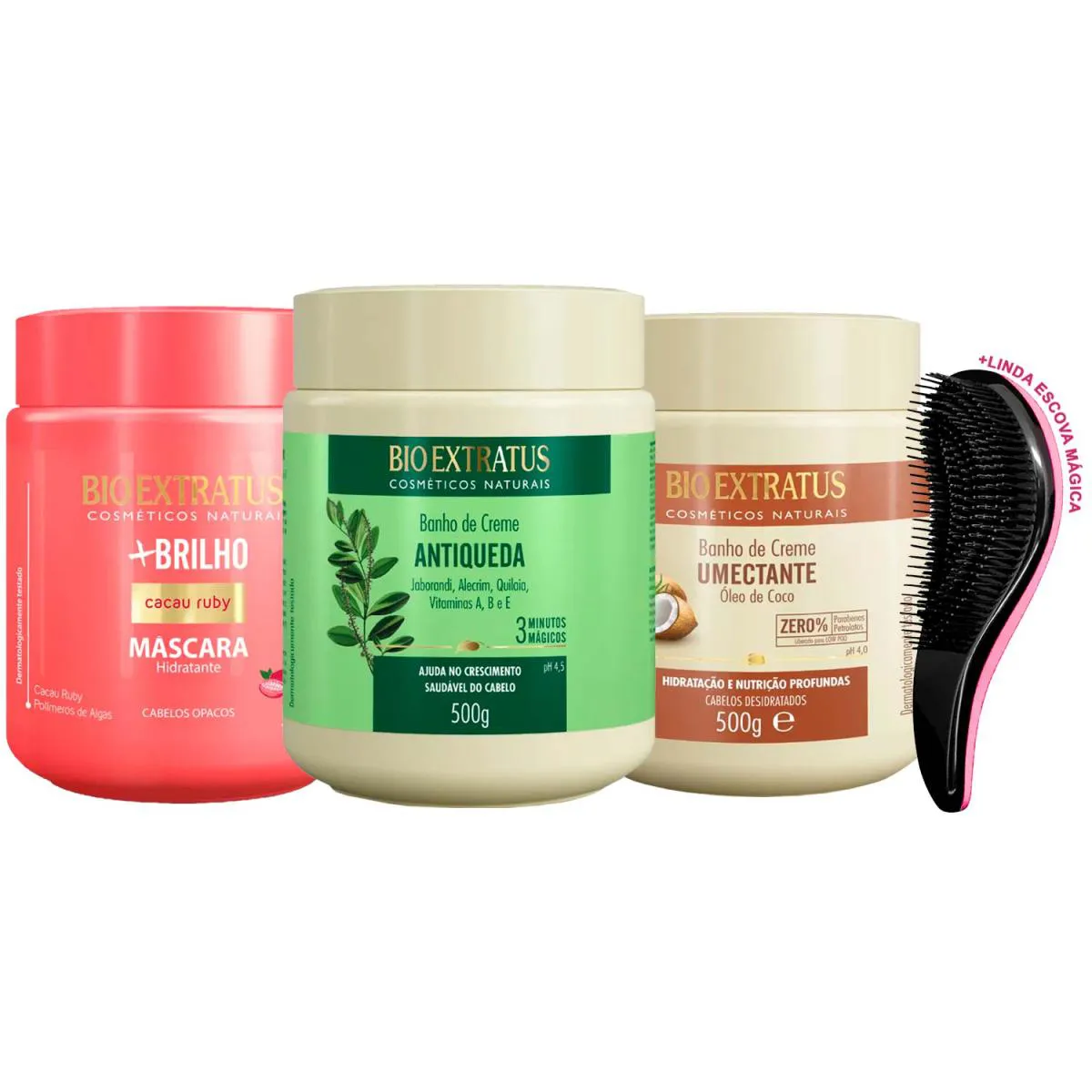 KIT MáSCARAS BIO EXTRATUS BRILHO JABORANDI COCO 500G +ESCOVA