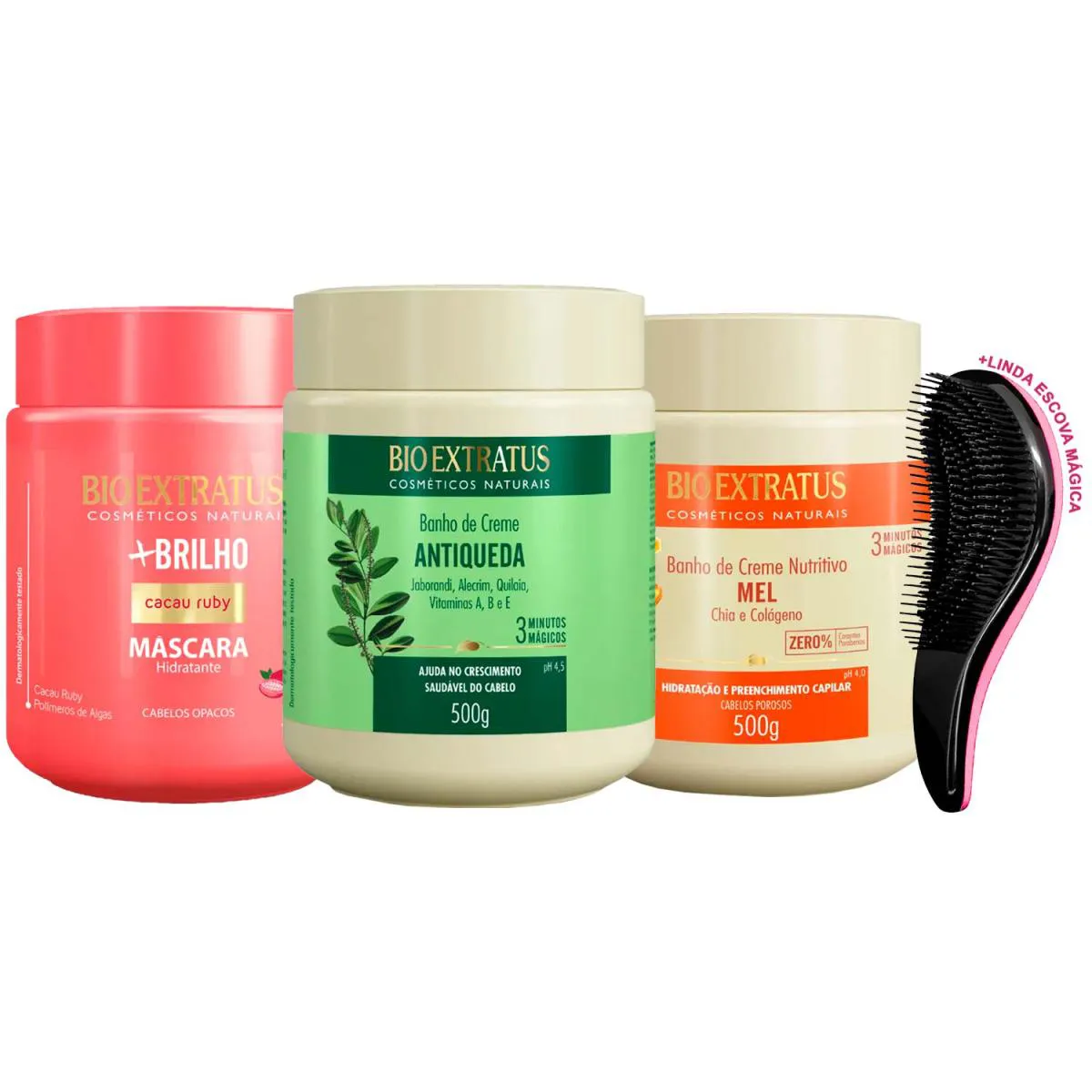 KIT MáSCARAS BIO EXTRATUS BRILHO JABORANDI MEL 500G +ESCOVA
