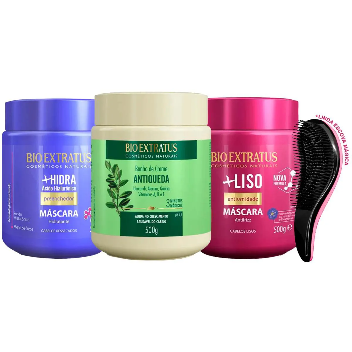 KIT MáSCARAS BIO EXTRATUS HIDRA JABORANDI +LISO 500G +ESCOVA