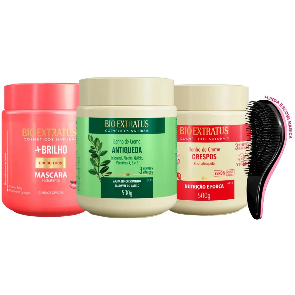 MáSCARAS BIO EXTRATUS BRILHO JABORANDI CRESPOS 500G +ESCOVA