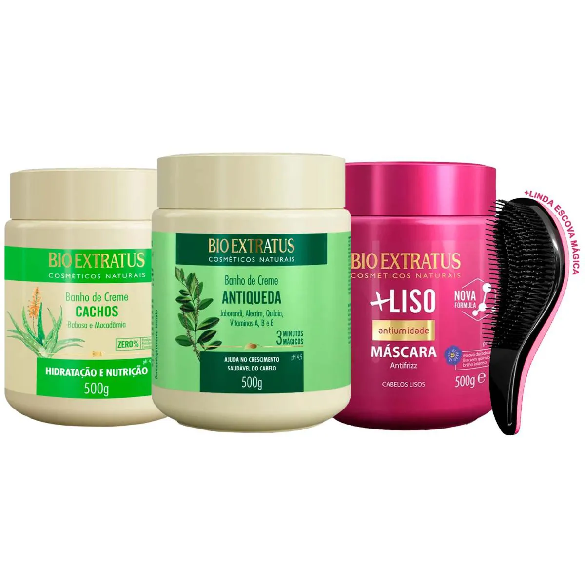 MáSCARAS BIO EXTRATUS CACHOS JABORANDI +LISO 500G +ESCOVA