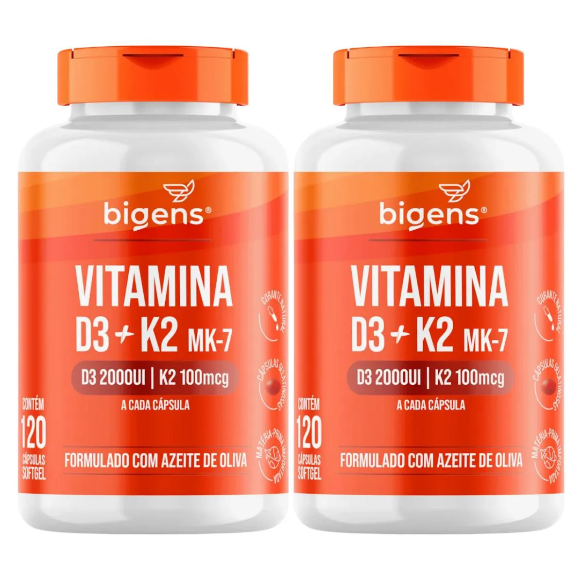 2X VITAMINA D3 2000UI + K2 MK7 ÓLEO DE OLIVA BIGENS 60 CAPSULAS SEM Sabor