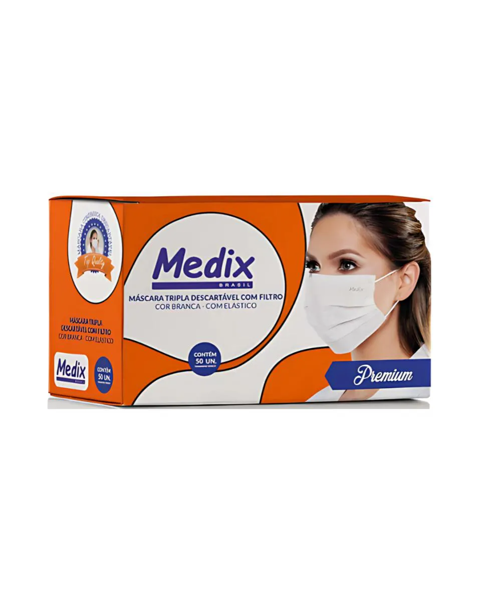 MáSCARA TRIPLA DESCARTáVEL C/50 UNIDADES BRANCA MEDIX