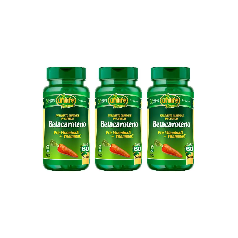 KIT 3 BETACAROTENO + VIT C SUPLEMENTO VEGANO - 60 CAPS - UNILIFE