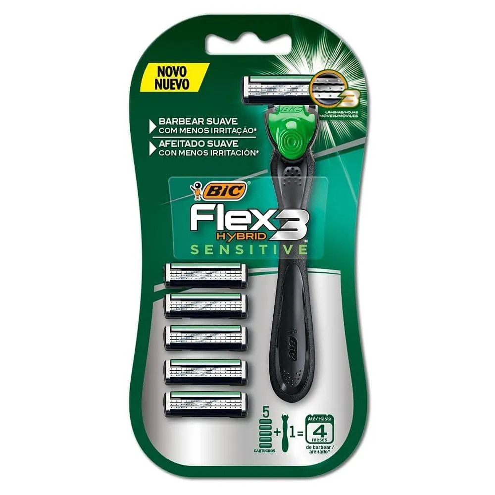 APARELHO DE BARBEAR BIC FLEX 3 HíBRIDO SENSITIVE + 5 CARGAS