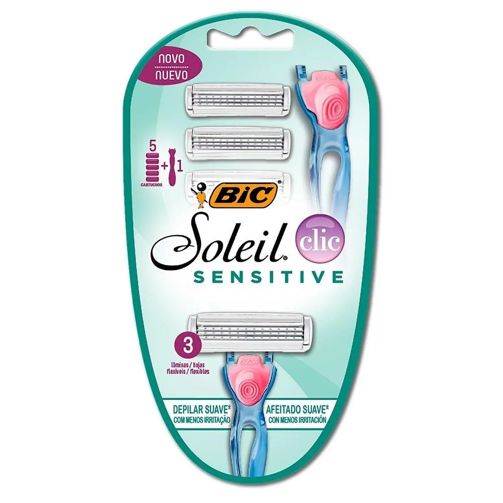 APARELHO DE BARBEAR BIC SOLEIL SENSITIVE CLICK 3 LâMINA FLEXíVEL + 5 CARGAS