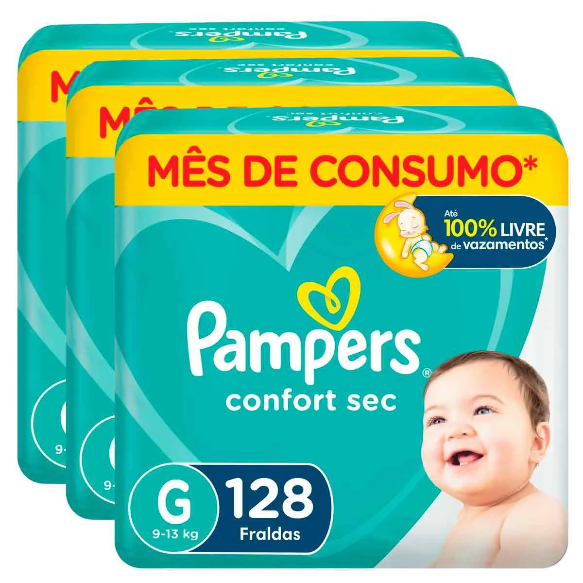 Kit 3 Fraldas Pampers Confort Sec G com 128 unidades cada