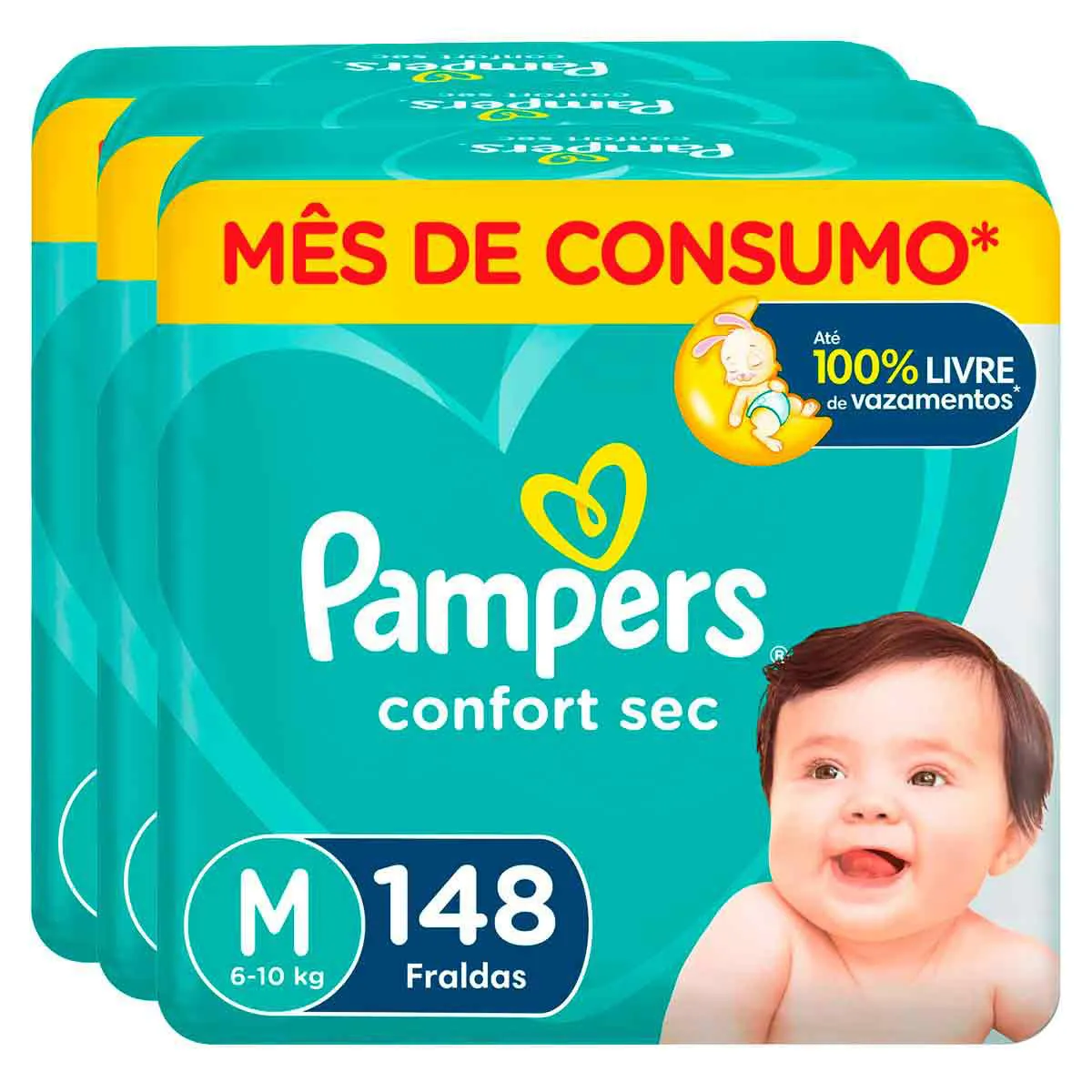 Kit Fralda Pampers Confort Sec M 3 Pacotes com148 unidades cada