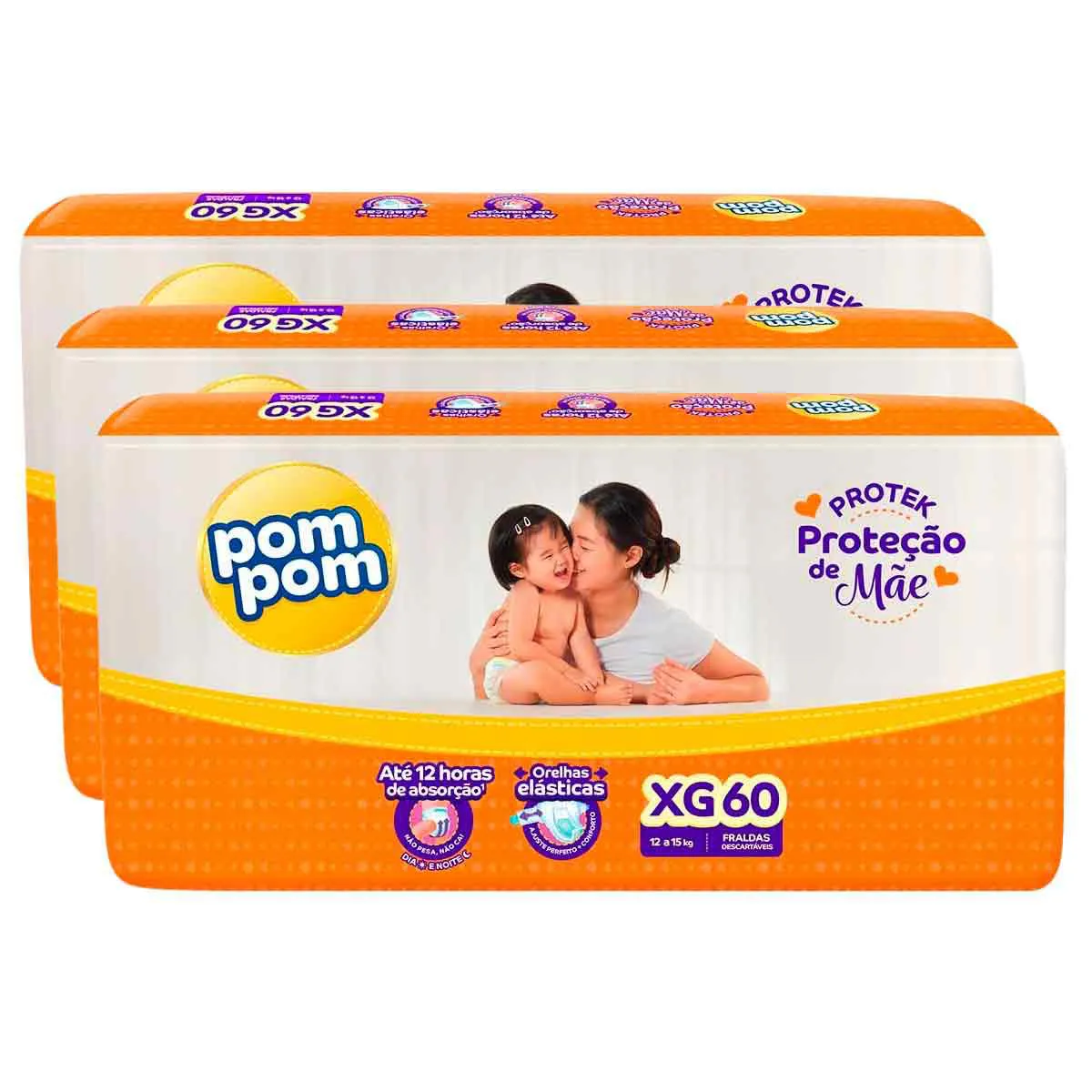 Kit Fralda Pom Pom Protek Proteção de Mãe XG 3 Pacotes com 60 unidades cada