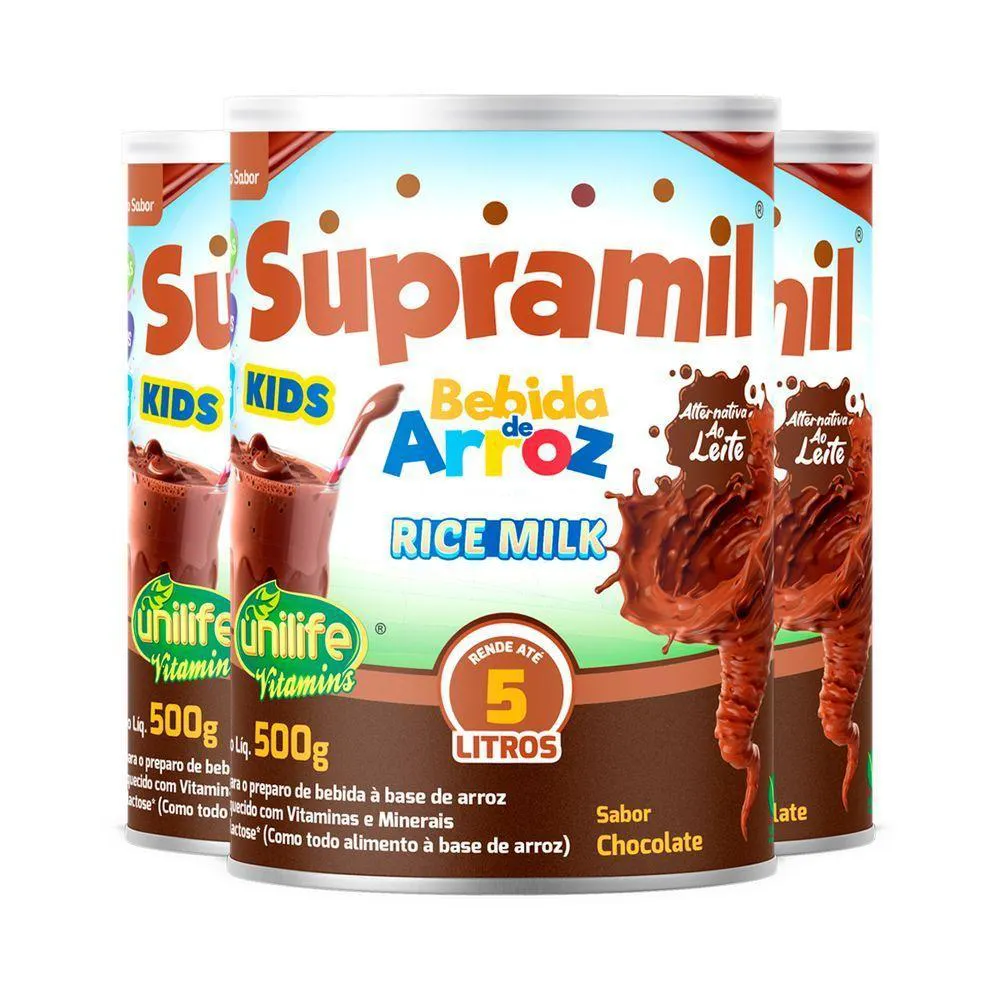 KIT 3 SUPRAMIL BEBIDA DE ARROZ KIDS CHOCOLATE UNILIFE 500G