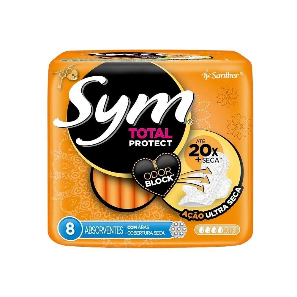 ABSORVENTE SYM COBERTURA SECA 20X MAIS ABSORçãO COM ABAS EMBALAGEM COM 8 UNIDADES