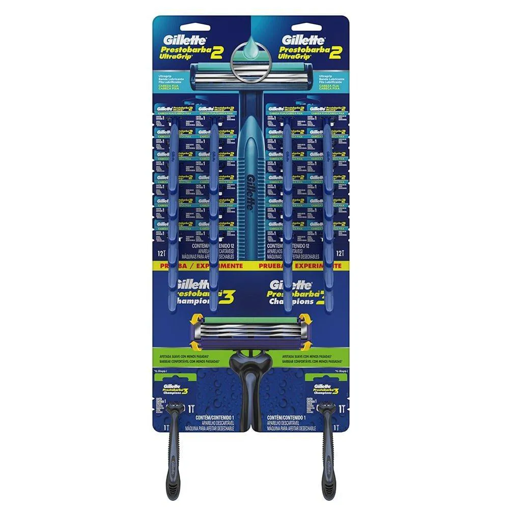 APARELHO PRESTOBARBA ULTRAGRIP 2 - 2 EMBALAGENS COM 12 UNIDADES + APARELHO PRESTOBARBA 3 CHAMPIONS EMBALAGEM COM 2 UNIDADES
