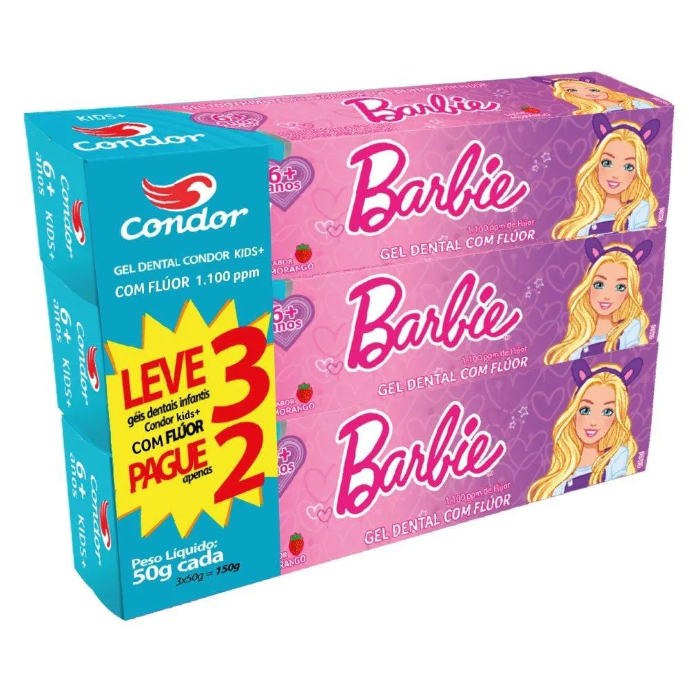 CREME DENTAL CONDOR KIDS BARBIE 50G EMBALAGEM COM 3 UNIDADES