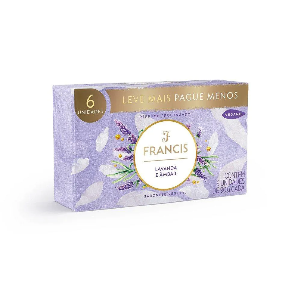 SABONETE FRANCIS LUXO LAVANDA E ÂMBAR LILáS 90G - EMBALAGEM C/ 6 UNIDADES