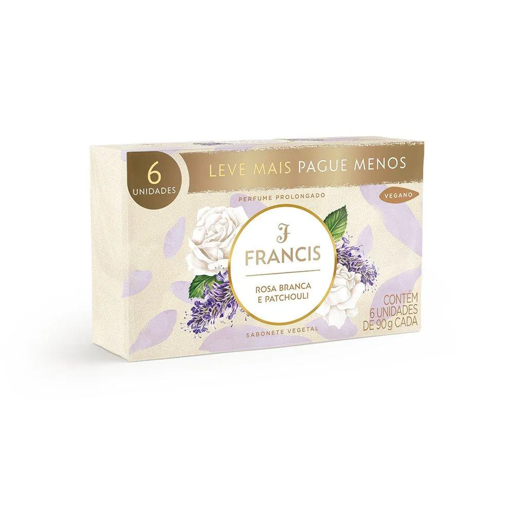 SABONETE FRANCIS LUXO ROSA BRANCA E PATCHOULI 90G - EMBALAGEM C/ 6 UNIDADES
