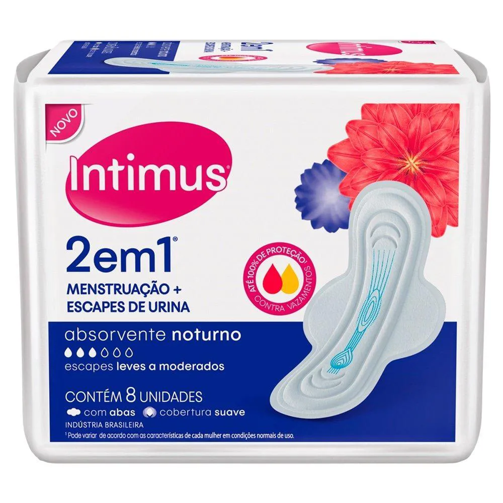 ABSORVENTE INTIMUS NOTURNO 2 EM 1 SUAVE COM ABAS - EMBALAGEM COM 8 UNIDADES