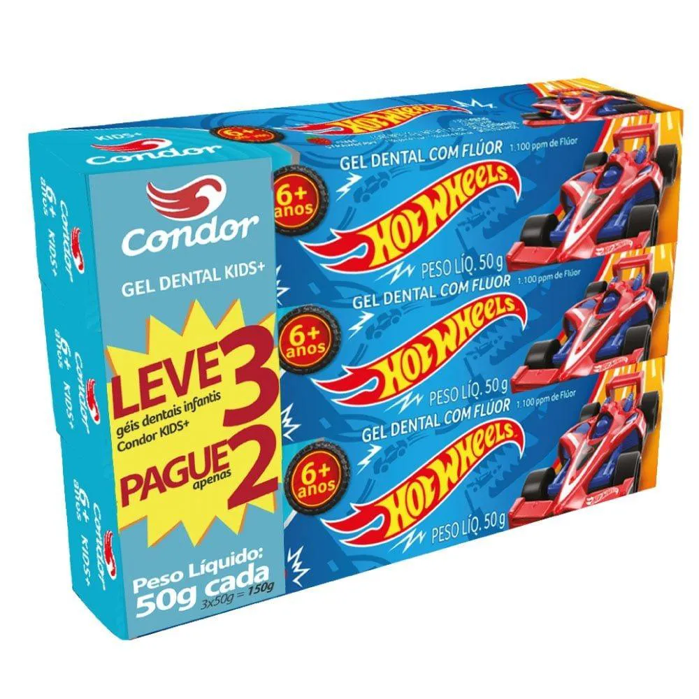 CREME DENTAL CONDOR KIDS HOTWEELS 50G EMBALAGEM COM 3 UNIDADES