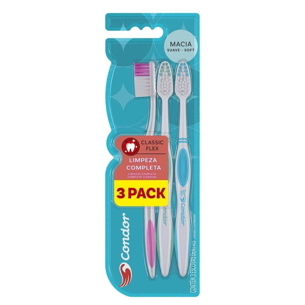 ESCOVA DENTAL CONDOR CLASSIC FLEX MACIA - EMBALAGEM COM 3 ESCOVAS