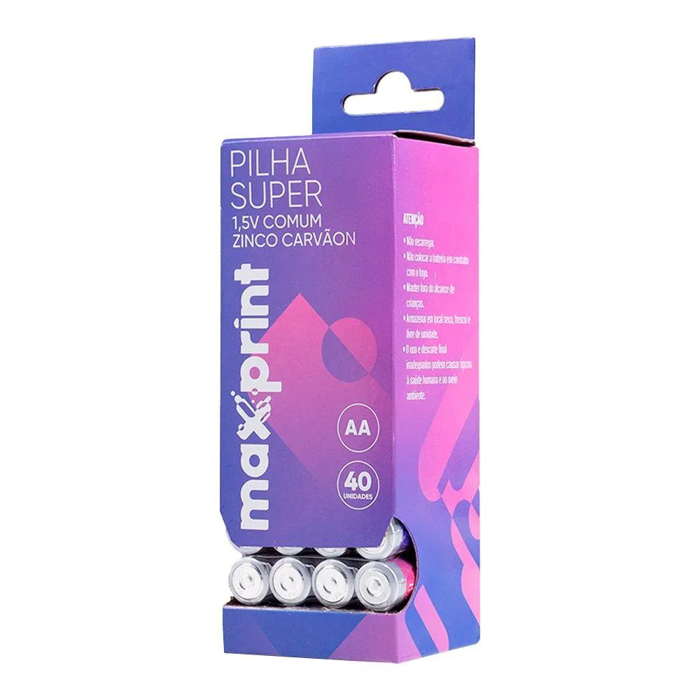 PILHA MAXPRINT SUPER AA TUBO - EMBALAGEM COM 40 UNIDADES (10 PACKS COM 4 PILHAS CADA)