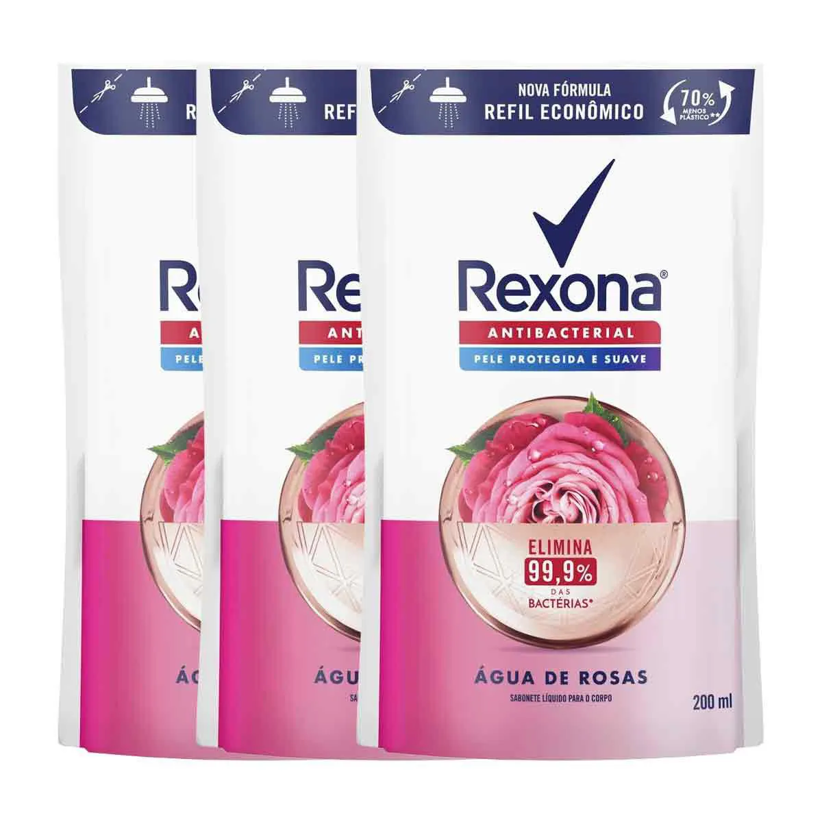 Kit Refil Sabonete Líquido Rexona Antibacterial Água de Rosas Sachê 3 unidades de 200ml cada
