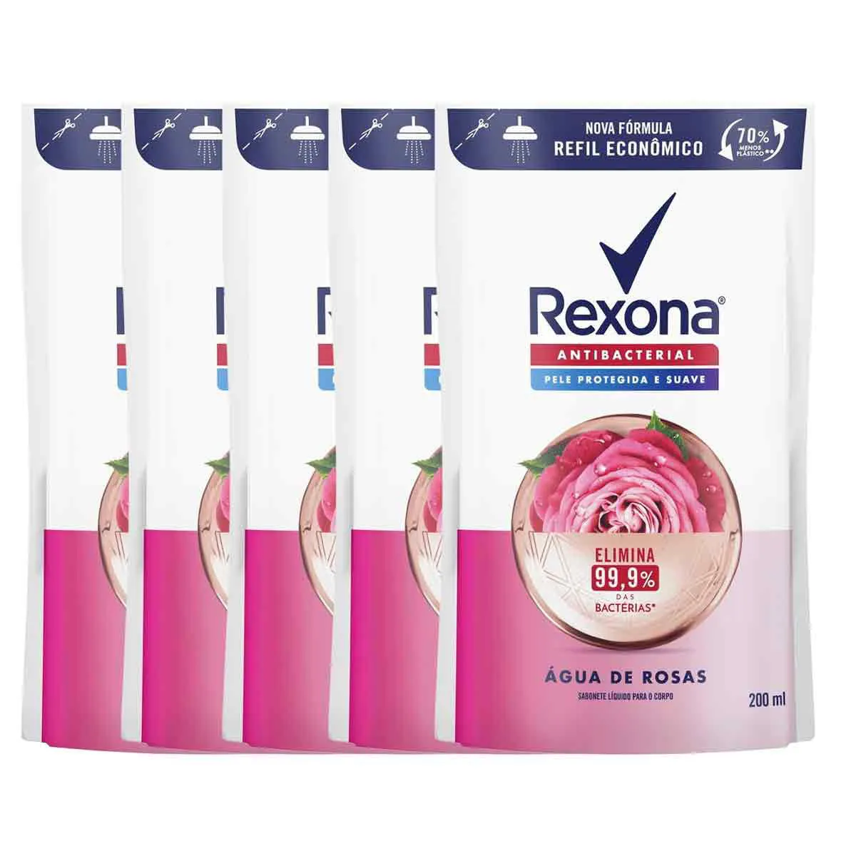 Kit Refil Sabonete Líquido Rexona Antibacterial Água de Rosas Sachê 5 unidades de 200ml cada