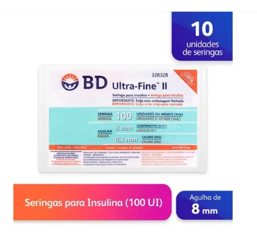 SERINGA ULTRA FINE 100UI AGULHA 8MM COM 10 UNIDADES - BD