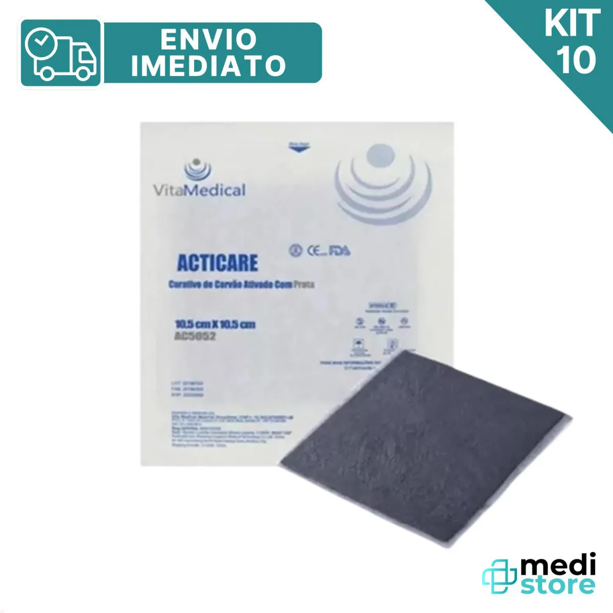 KIT C/10 - CURATIVO CARVãO ATIVADO C/ PRATA 10,5CM X 10,5CM  - ENVIO IMEDIATO