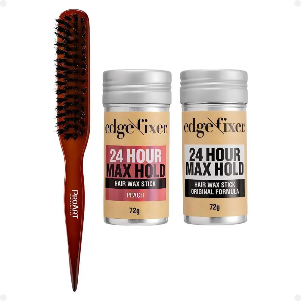 KIT CERA FIXADORA DE CABELO EDGE FIXER KISS NEW YORK: ORIGINAL E PêSSEGO + ESCOVA PARA ACABAMENTO E PENTEADO PROART