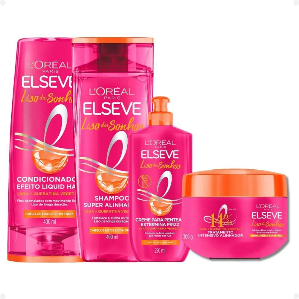 KIT ELSEVE LISO DOS SONHOS: MáSCARA TRATAMENTO 300G + SHAMPOO E CONDICIONADOR 400ML +  CREME PARA PENTEAR 250ML