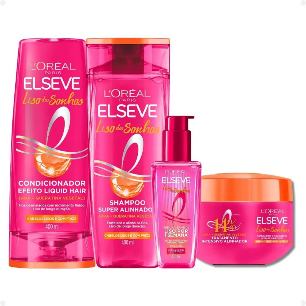 KIT ELSEVE LISO DOS SONHOS: MáSCARA TRATAMENTO 300G + SHAMPOO E CONDICIONADOR 400ML + SéRUM LEAVE-IN 100ML