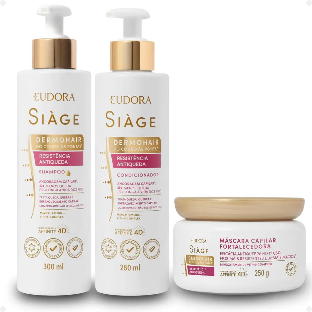 KIT EUDORA SIàGE DERMOHAIR RESISTêNCIA ANTIQUEDA: SHAMPOO, CONDICIONADOR E MáSCARA